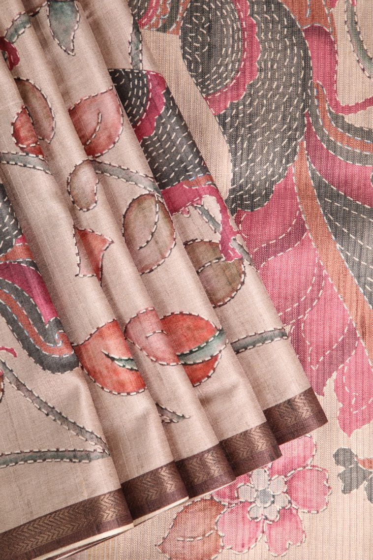 Flamingo Pink Semi Tussar Silk with Gold Zari Birds And Floral Pattern view 1