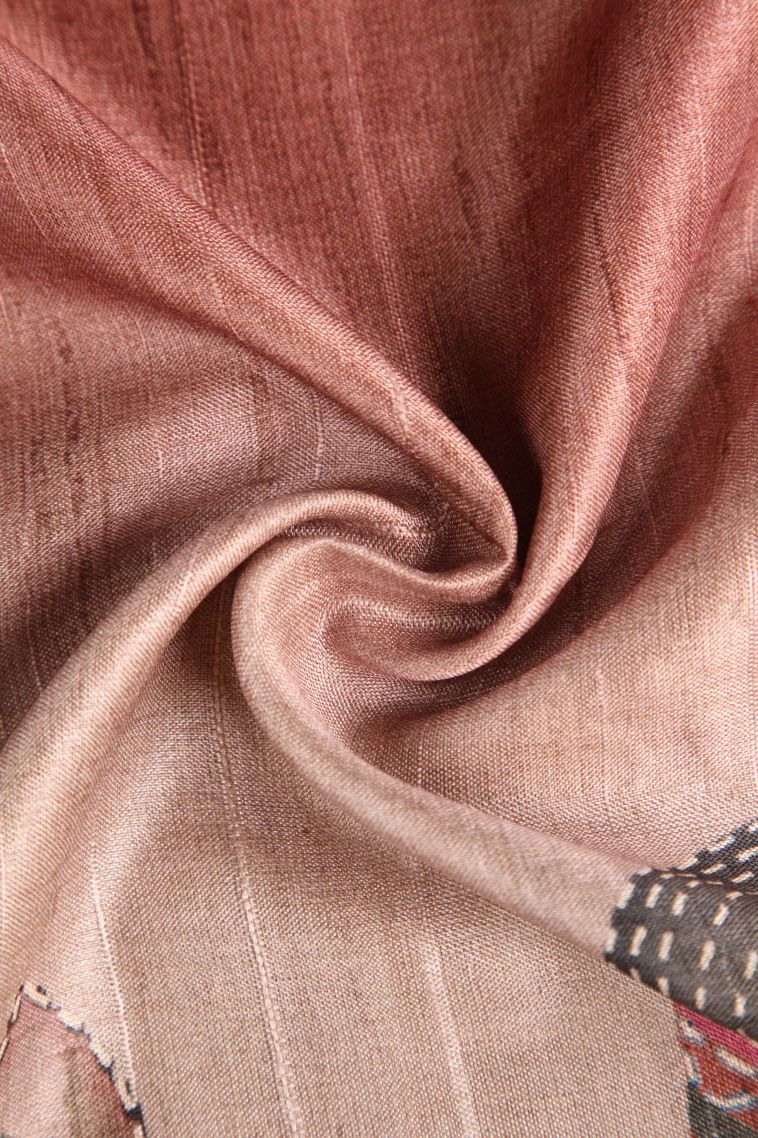 Flamingo Pink Semi Tussar Silk with Gold Zari Birds And Floral Pattern view 4