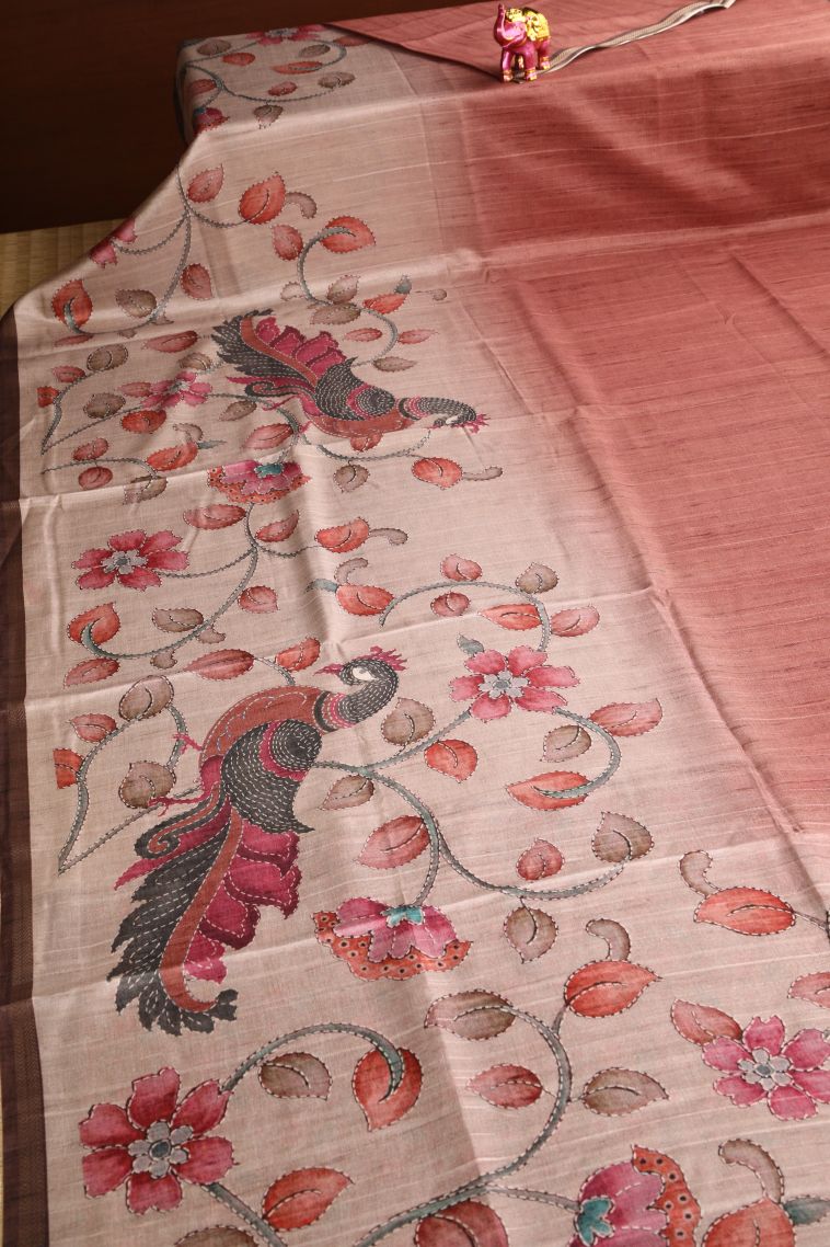 Flamingo Pink Semi Tussar Silk with Gold Zari Birds And Floral Pattern view 2