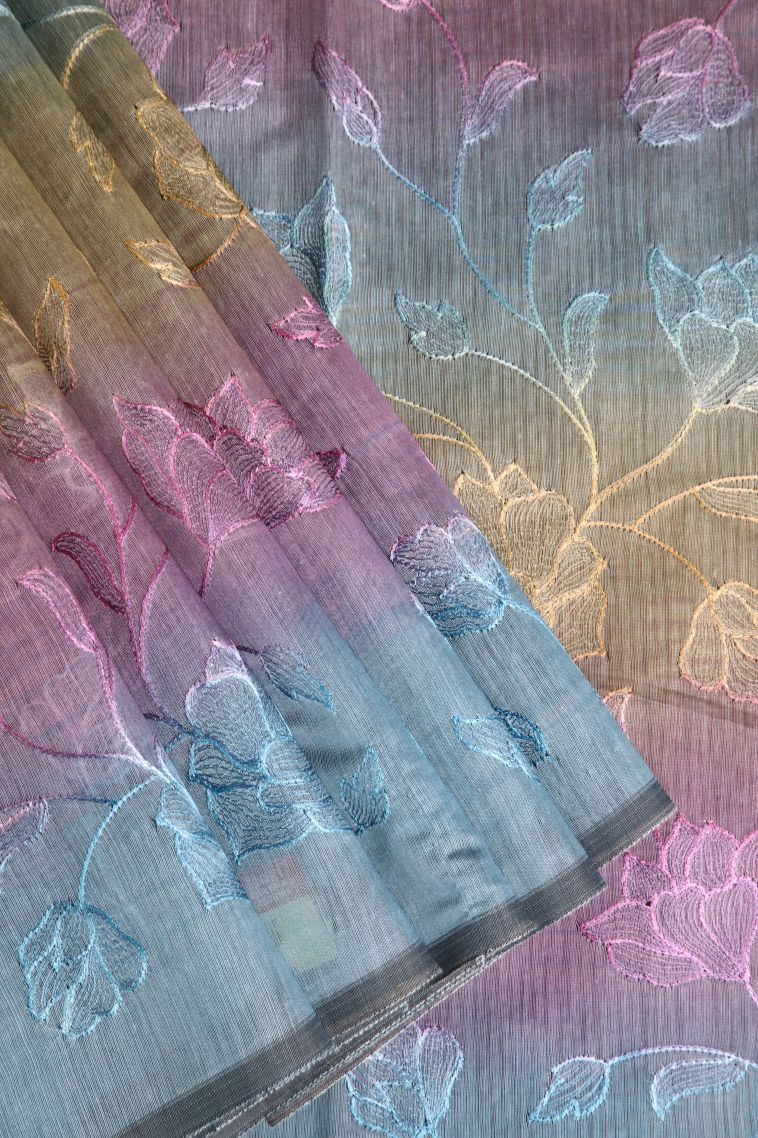 Stone Blue Chanderi Cotton Sarees with Without Zari Zari Embroidary