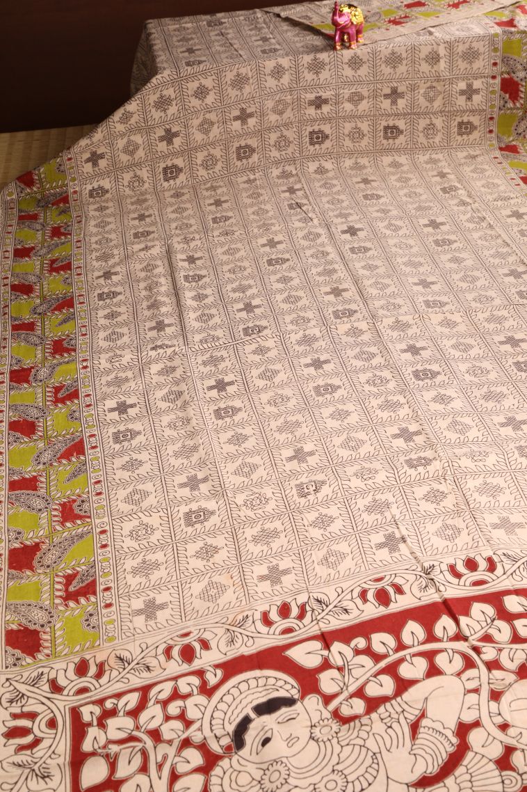 Vanilla Custard Yellow Kalamkari with Without Zari Zari Kolam Pattern view 2