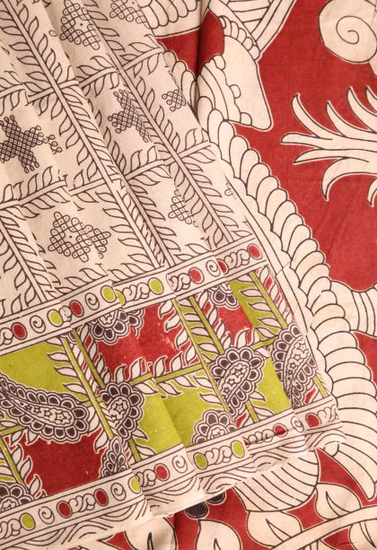 Vanilla Custard Yellow Kalamkari with Without Zari Zari Kolam Pattern