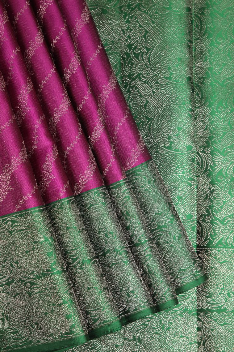 Magenta Purple Kanchipuram Silk Sarees with Silver Zari Floral Patterns view 1
