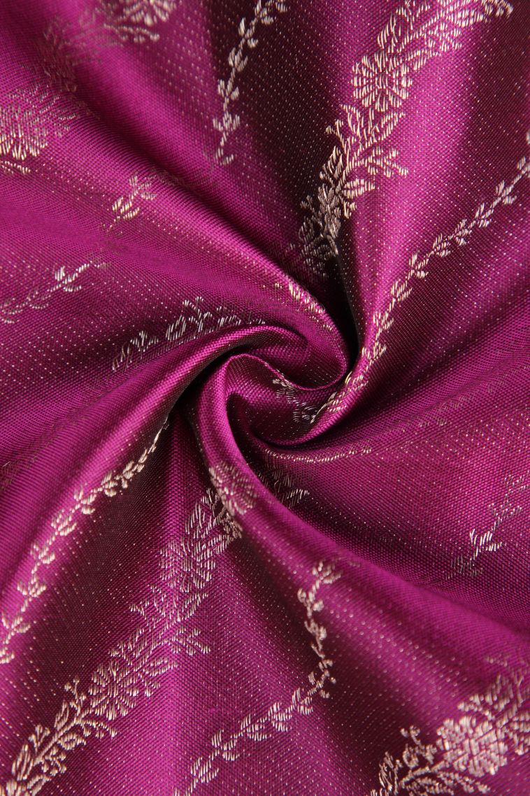 Magenta Purple Kanchipuram Silk Sarees with Silver Zari Floral Patterns view 4