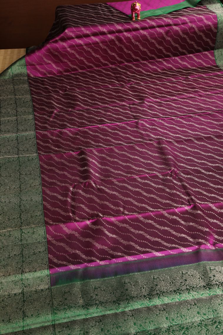 Magenta Purple Kanchipuram Silk Sarees with Silver Zari Floral Patterns view 2