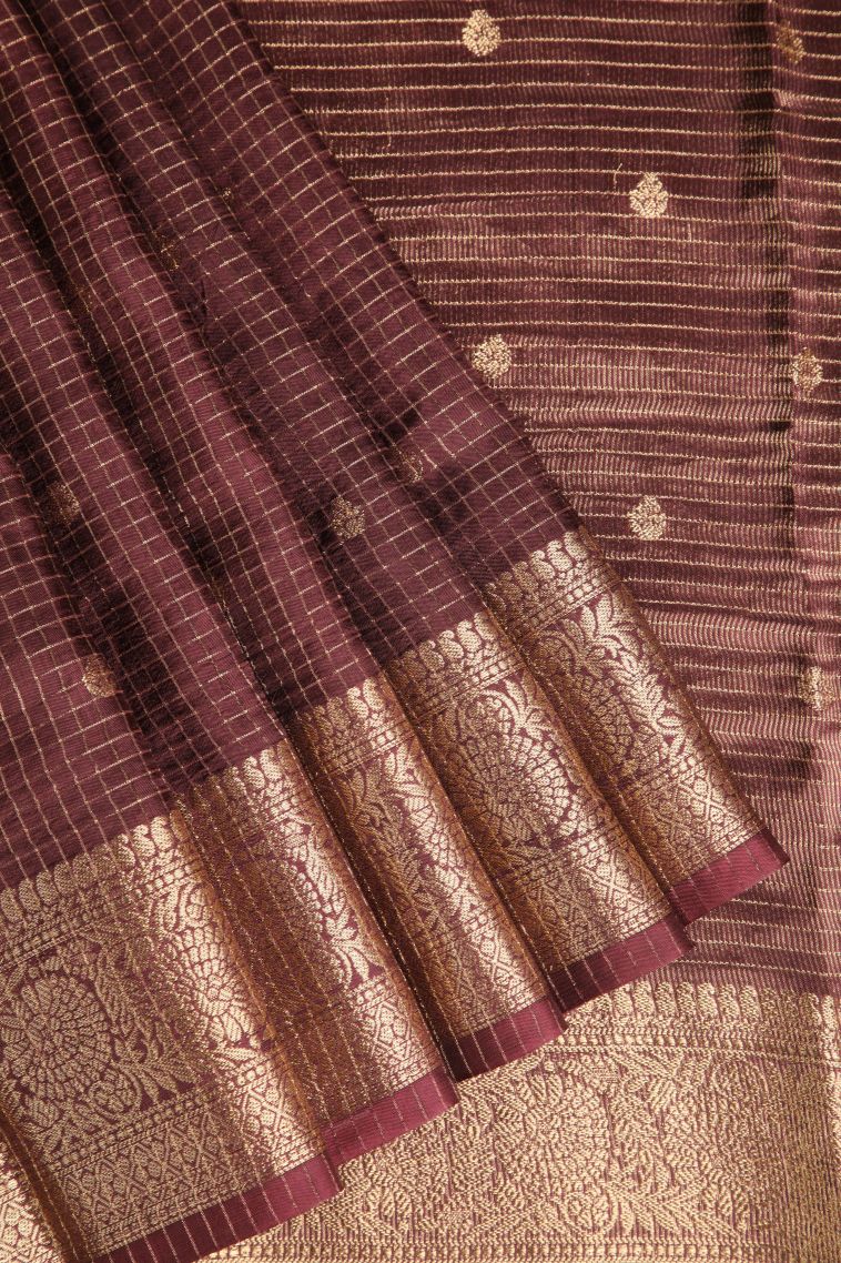 Cinnamon Brown Banaras Sarees with Gold Zari Checks And Puttas view 1