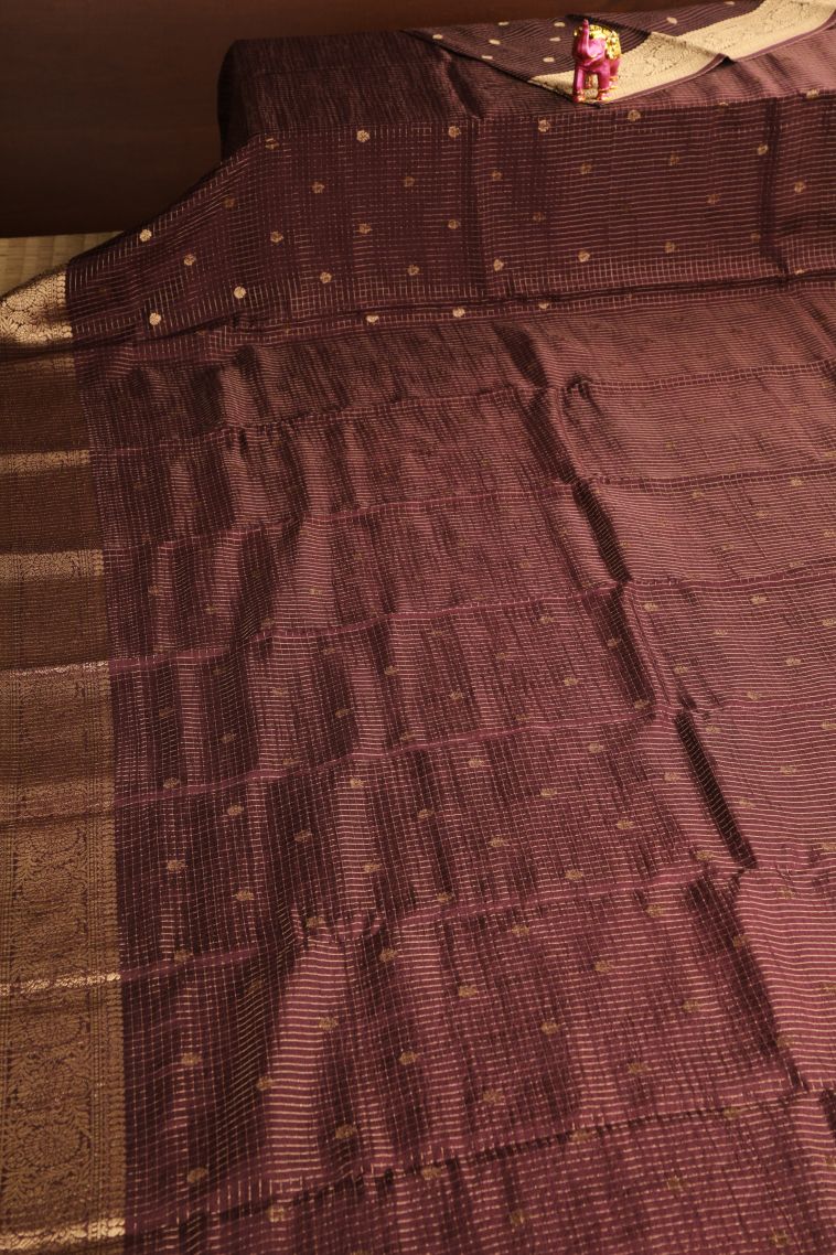 Cinnamon Brown Banaras Sarees with Gold Zari Checks And Puttas view 2