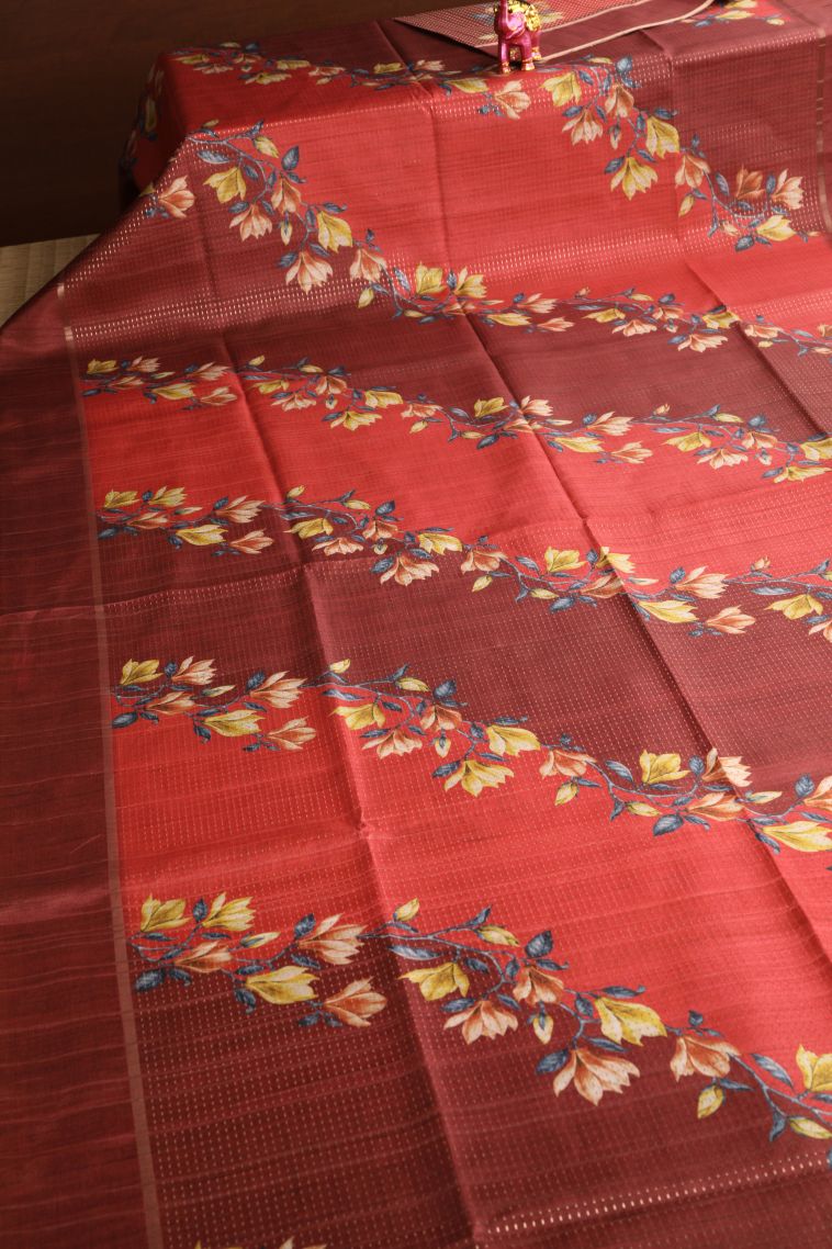 Lipstick Red Semi Tussar Silk with Gold Zari Kodi Pattern view 2