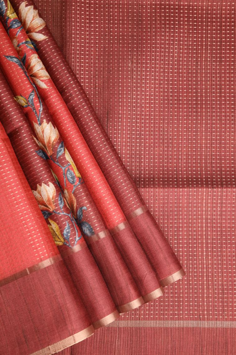 Lipstick Red Semi Tussar Silk with Gold Zari Kodi Pattern view 1