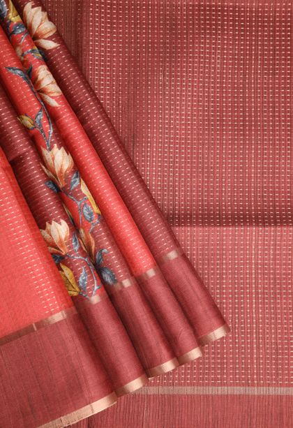 Lipstick Red Semi Tussar Silk with Gold Zari Kodi Pattern