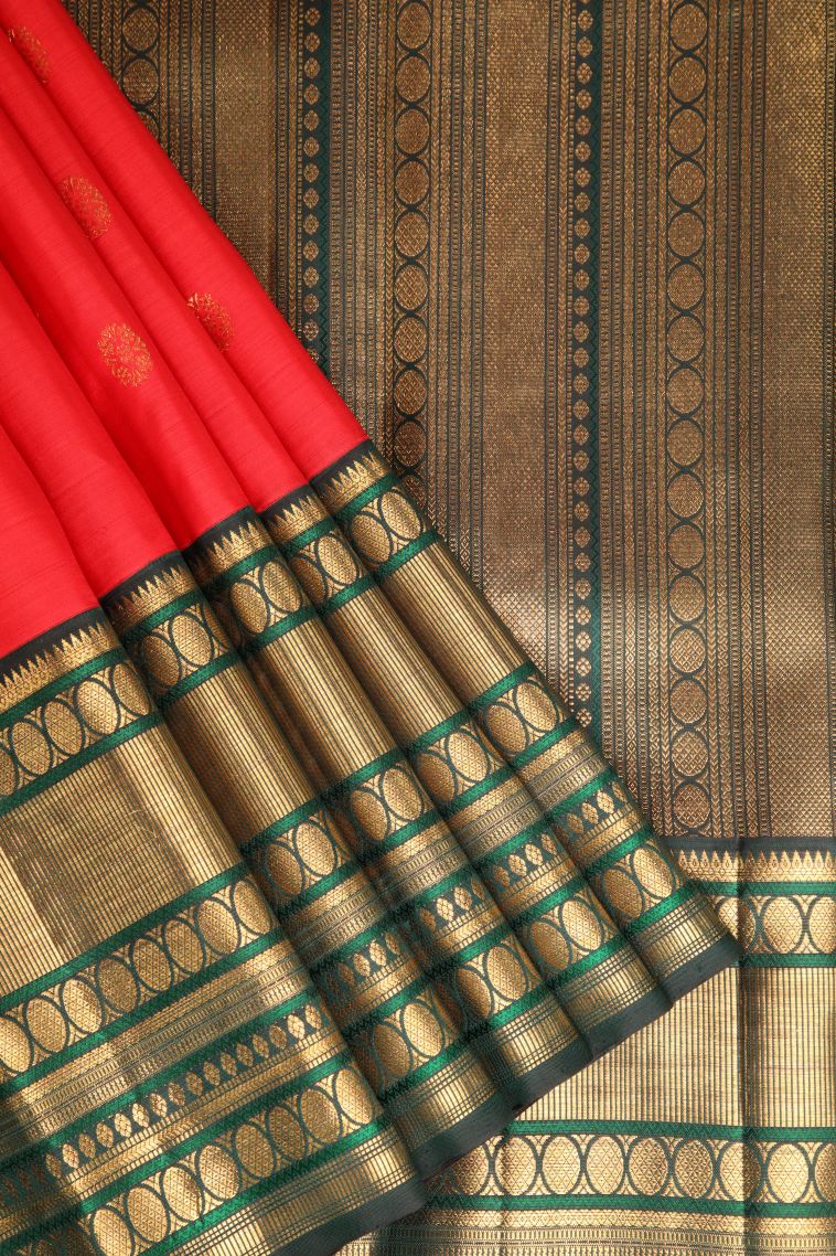 Rose  Red Kanchipuram Silk Sarees with Gold Zari Buttis (small Dots Or Motifs)