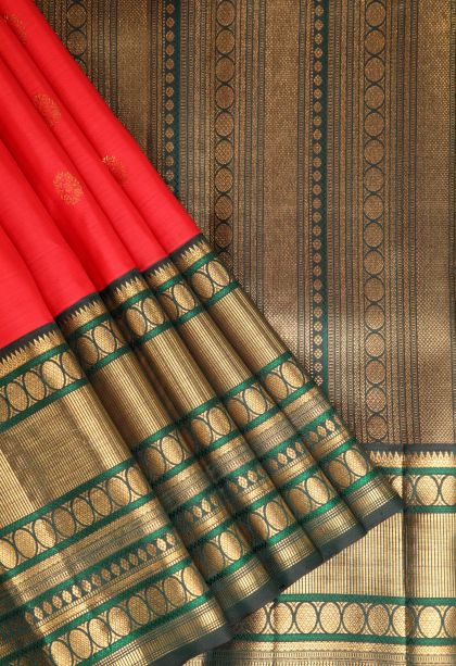Rose  Red Kanchipuram Silk Sarees with Gold Zari Buttis (small Dots Or Motifs)