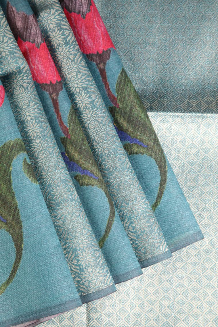 Sapphire Blue Semi Tussar Silk with Antic Zari Floral Puttas view 1