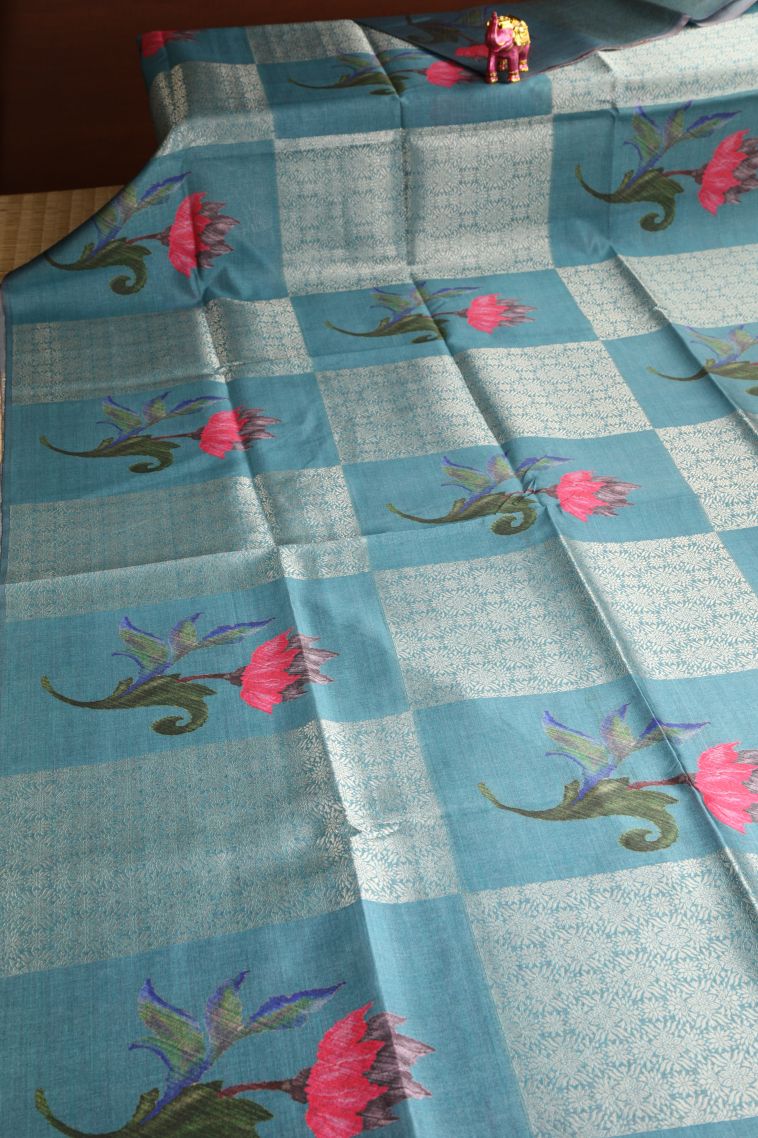 Sapphire Blue Semi Tussar Silk with Antic Zari Floral Puttas view 2