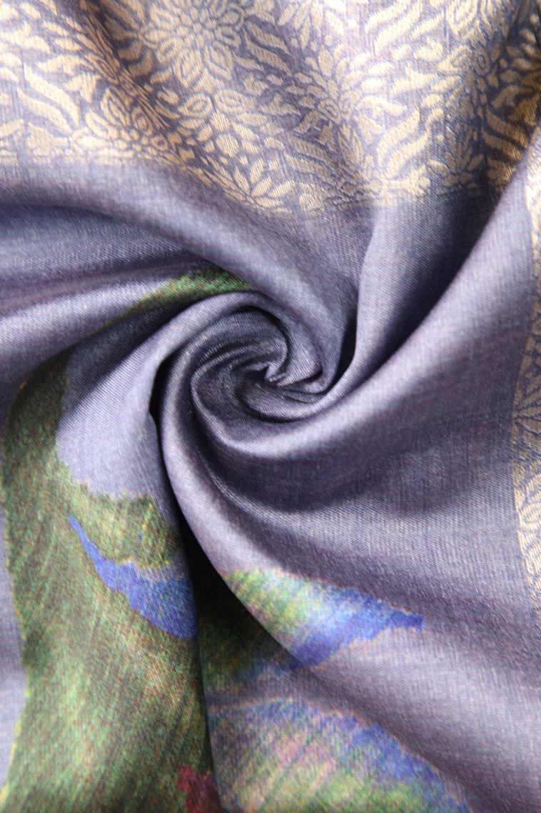 Daffane Blue Tussar Saree with Antic Zari Floral Puttas view 4