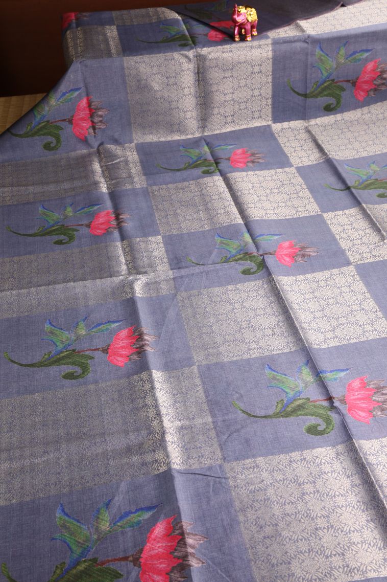 Daffane Blue Tussar Saree with Antic Zari Floral Puttas view 2