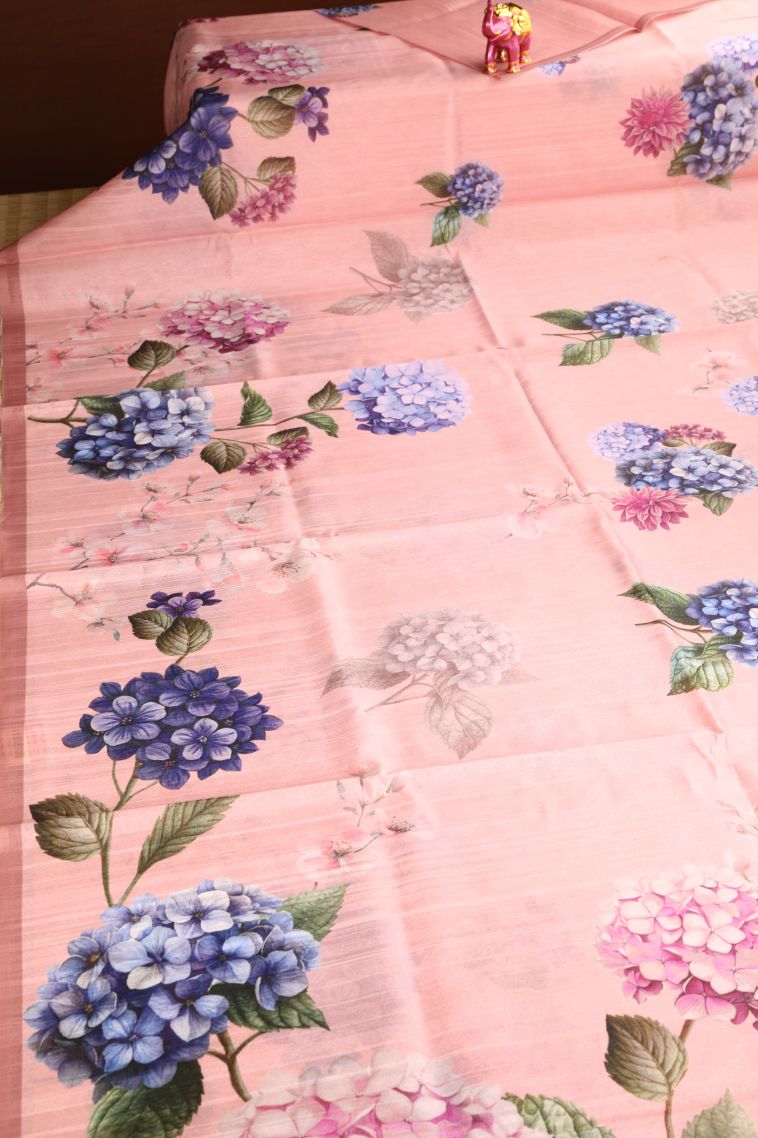 Flamingo Pink Semi Tussar Silk with Without Zari Zari Floral Patterns view 2