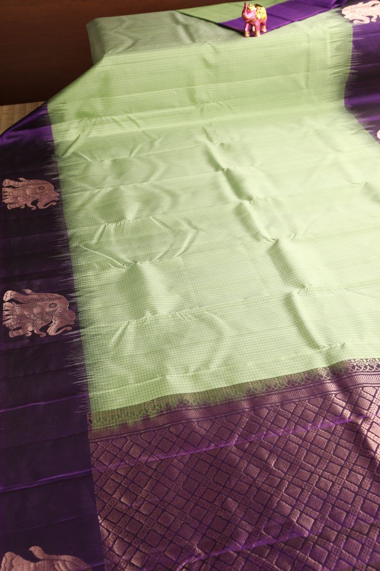 Pistachio Green Soft Silk Saree with Thread Zari Checked  Threap view 2
