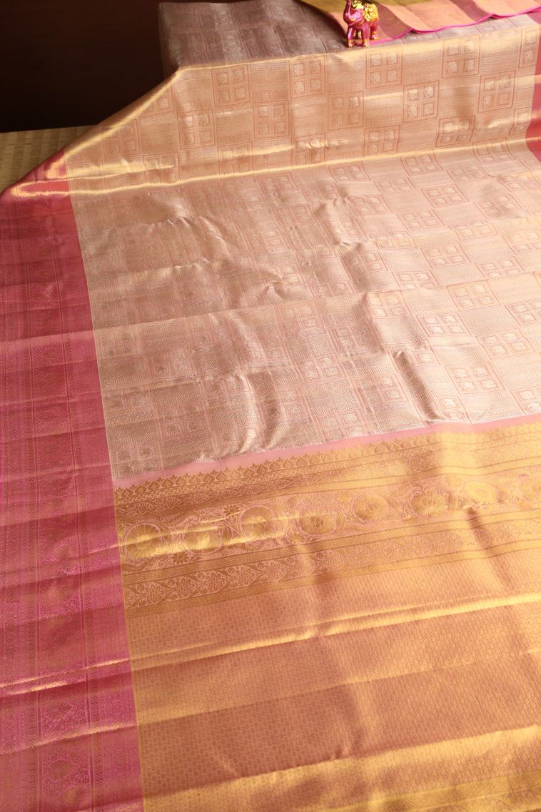 Salmon Pink Kanchipuram Silk Sarees with Gold Zari Animal  Mottif view 2