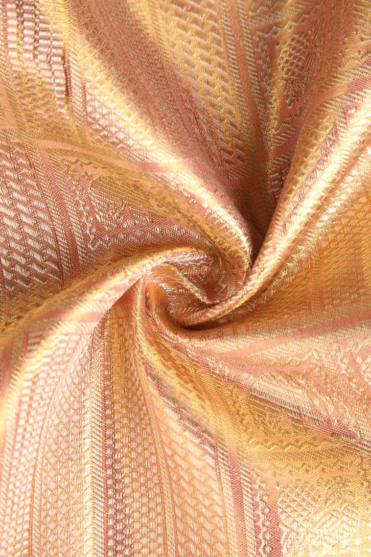 Salmon Pink Kanchipuram Silk Sarees with Gold Zari Animal  Mottif view 4