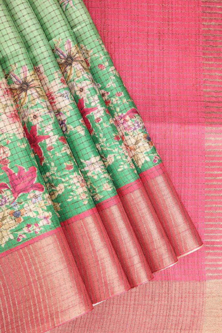 Fern Green Semi Tussar Silk with Gold Zari Floral Patterns view 1