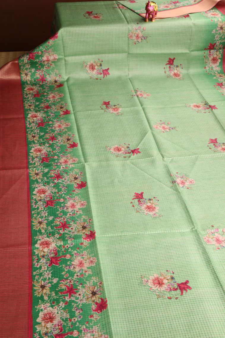 Fern Green Semi Tussar Silk with Gold Zari Floral Patterns view 2