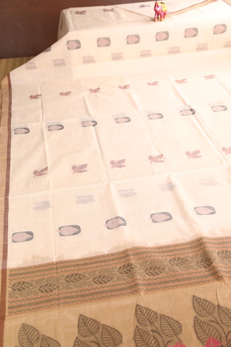 Ivory White Pure Handloom Kovai Cotton with Without Zari Zari Leaf Pattern view 2