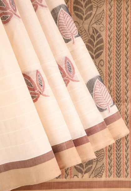 Ivory White Pure Handloom Kovai Cotton with Without Zari Zari Leaf Pattern