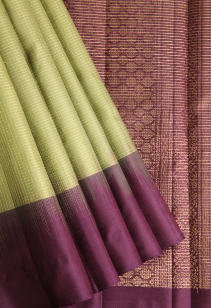 Olive Green Soft Silk Saree with Gold Zari Vaira Oosi Jari Checked