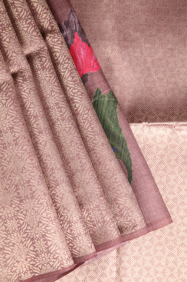 Salmon Pink Tussar Saree with Antic Zari Floral Puttas