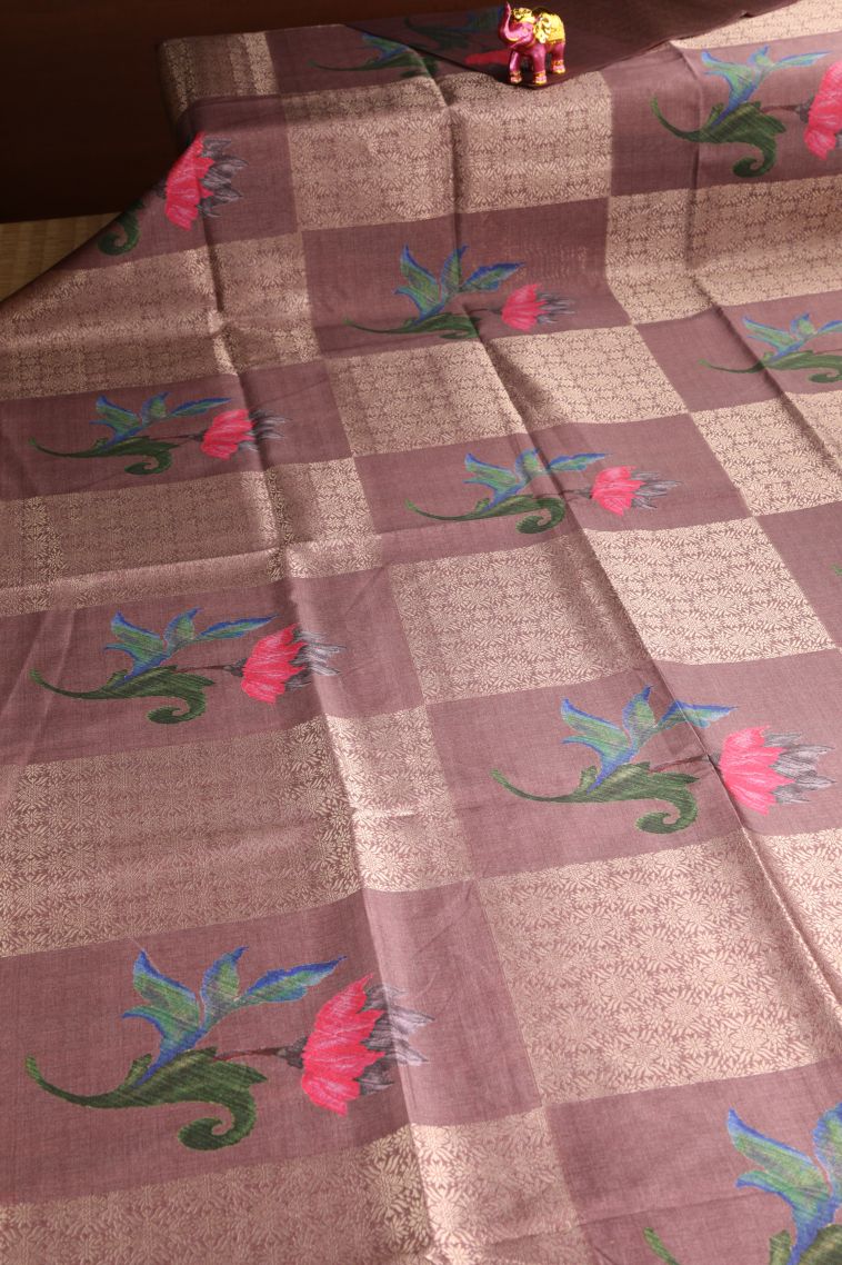 Salmon Pink Tussar Saree with Antic Zari Floral Puttas view 2