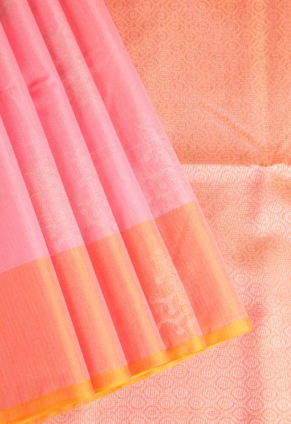 Rose Pink Silk Cotton Sarees with Silver Zari Geometric Shapes