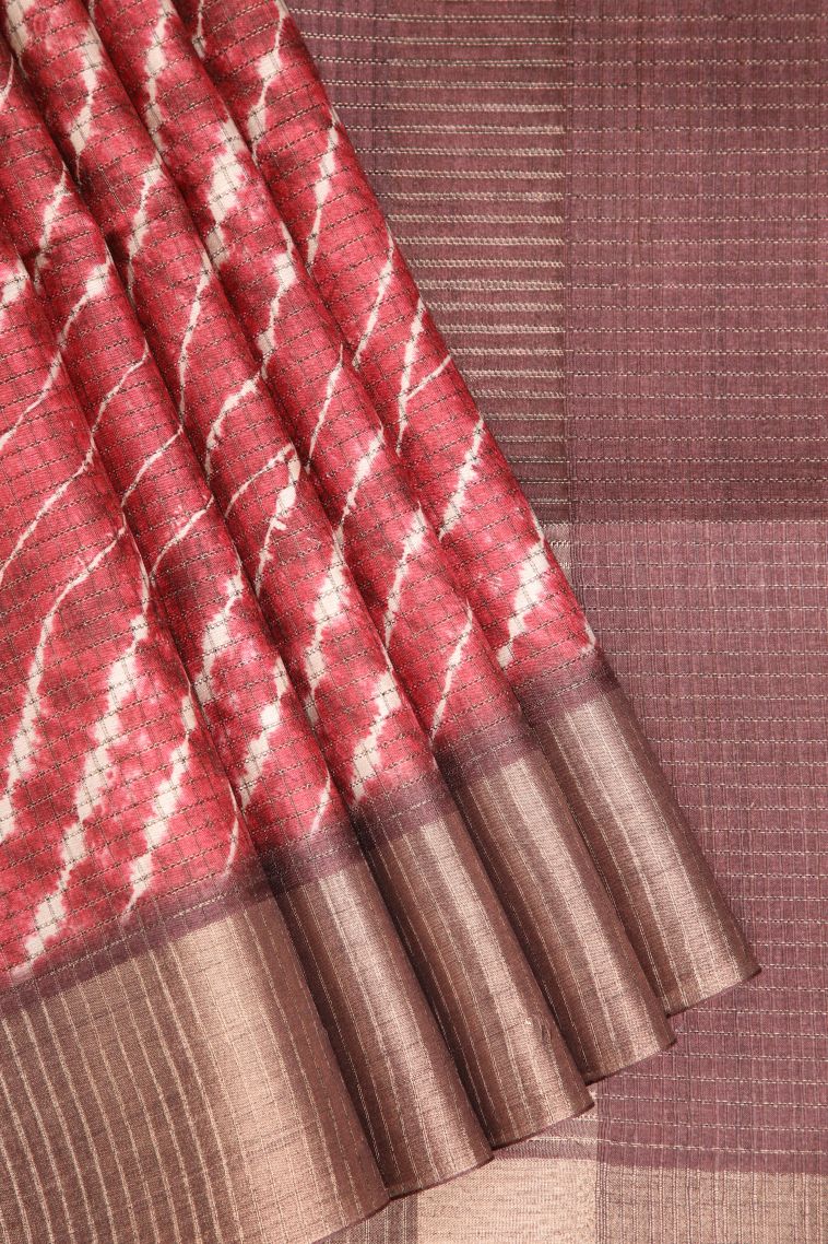 Crimson Red Semi Tussar Silk with Gold Zari Pathik Motifs