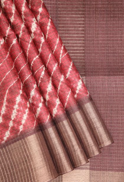 Crimson Red Semi Tussar Silk with Gold Zari Pathik Motifs