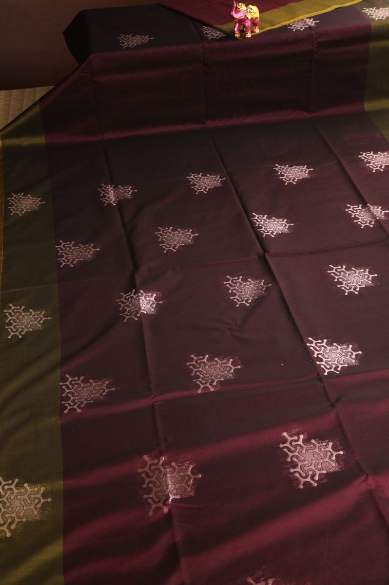 Berry Red Silk Cotton Sarees with Silver Zari Geometric Shapes view 2
