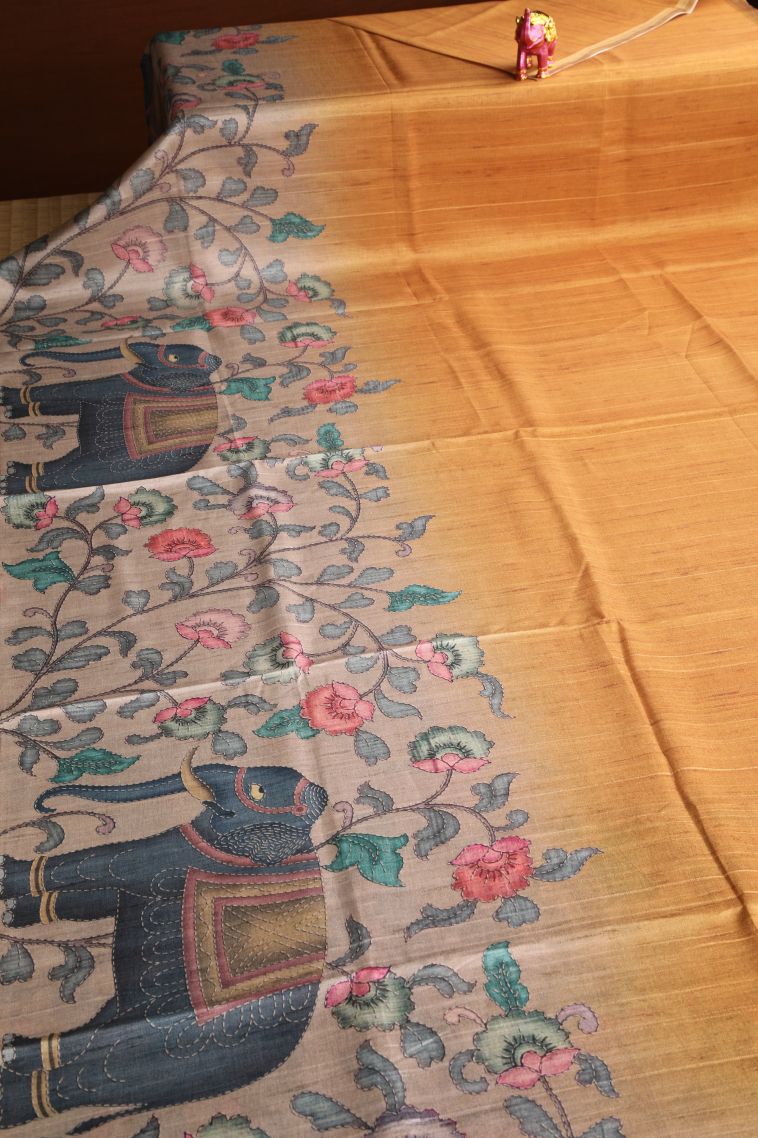 Merigold Orange Semi Tussar Silk with Gold Zari Eliphant Mottif view 2