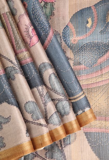 Merigold Orange Semi Tussar Silk with Gold Zari Eliphant Mottif