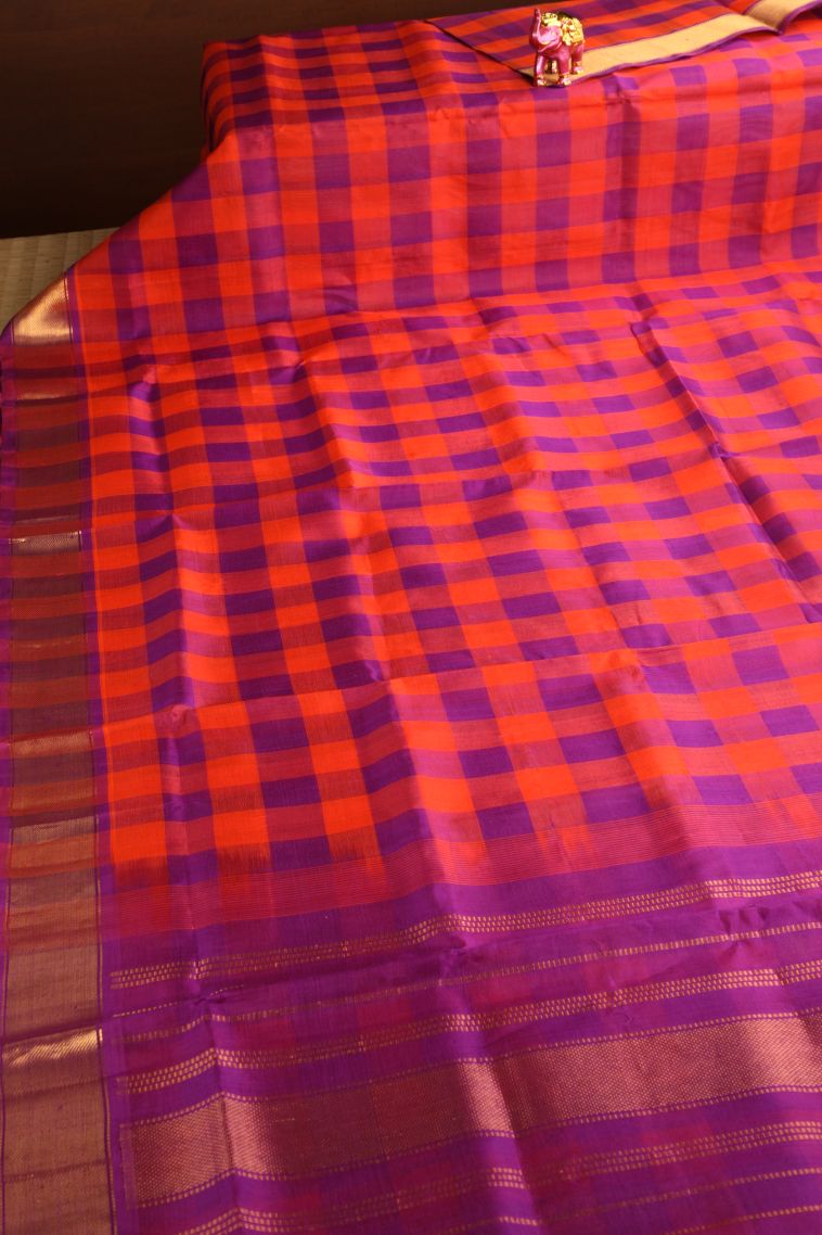 Magenta Purple Silk Cotton with Gold Zari Checks view 2