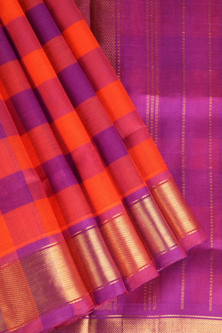 Magenta Purple Silk Cotton with Gold Zari Checks