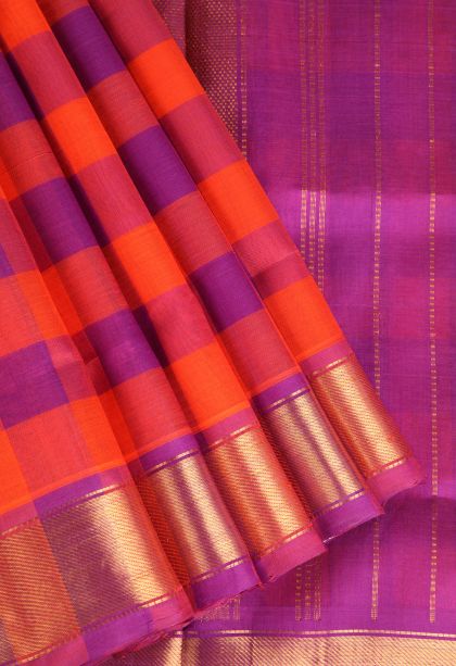 Magenta Purple Silk Cotton with Gold Zari Checks