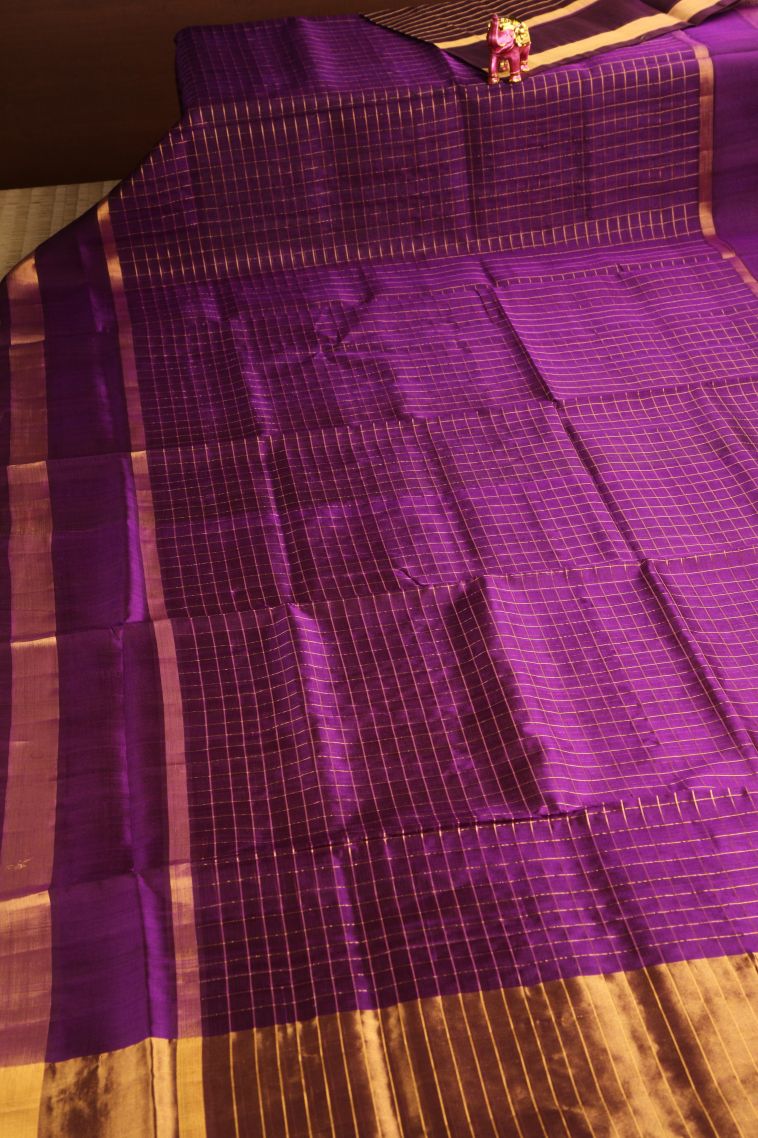Magenta Purple Silk Cotton with Gold Zari Checks view 2