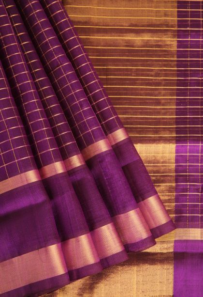 Magenta Purple Silk Cotton with Gold Zari Checks
