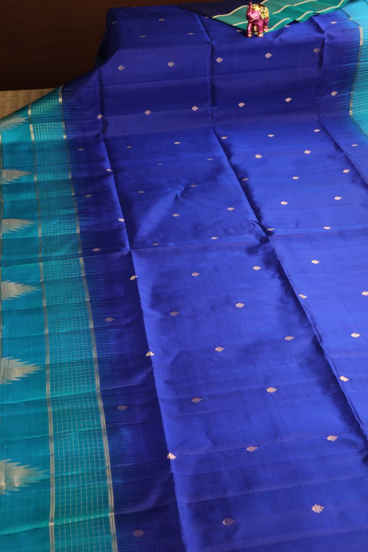 Daffane Blue Soft Silk Saree with Gold Zari Floral Puttas view 2
