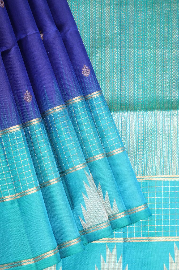 Daffane Blue Soft Silk Saree with Gold Zari Floral Puttas view 1