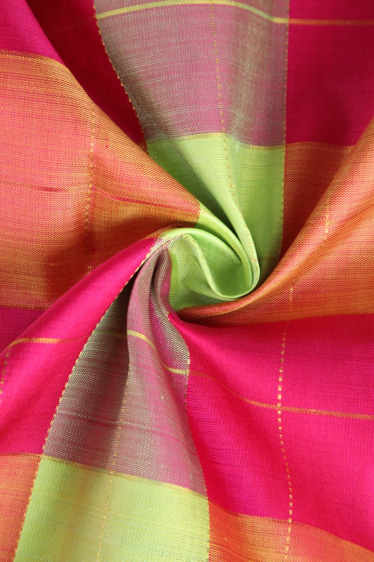 Hot Pink Kanchipuram Silk Sarees with Gold Zari Checks view 4
