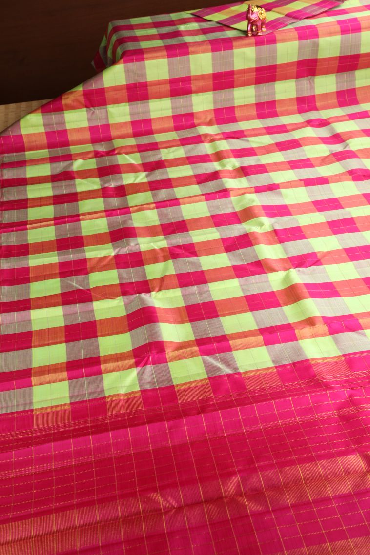 Hot Pink Kanchipuram Silk Sarees with Gold Zari Checks view 2