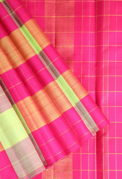Hot Pink Kanchipuram Silk Sarees with Gold Zari Checks
