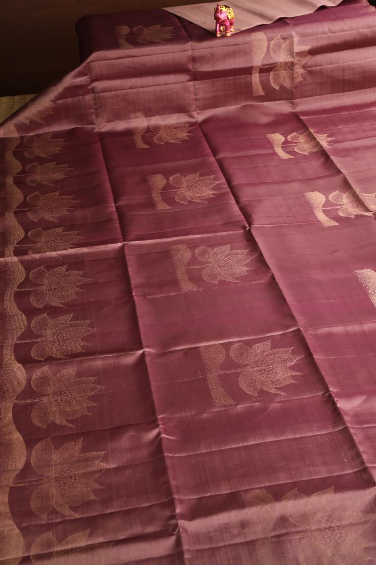 Blush Red Soft Silk Saree with Gold Zari Floral Puttas view 2