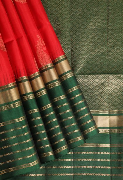 Rose Red Soft Silk Saree with Gold Zari Manga
