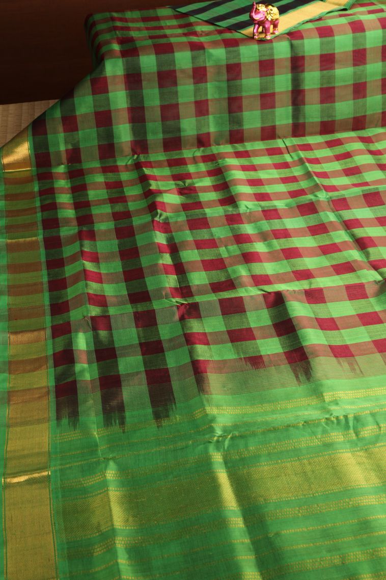 Fern Green Silk Cotton with Gold Zari Checks view 2